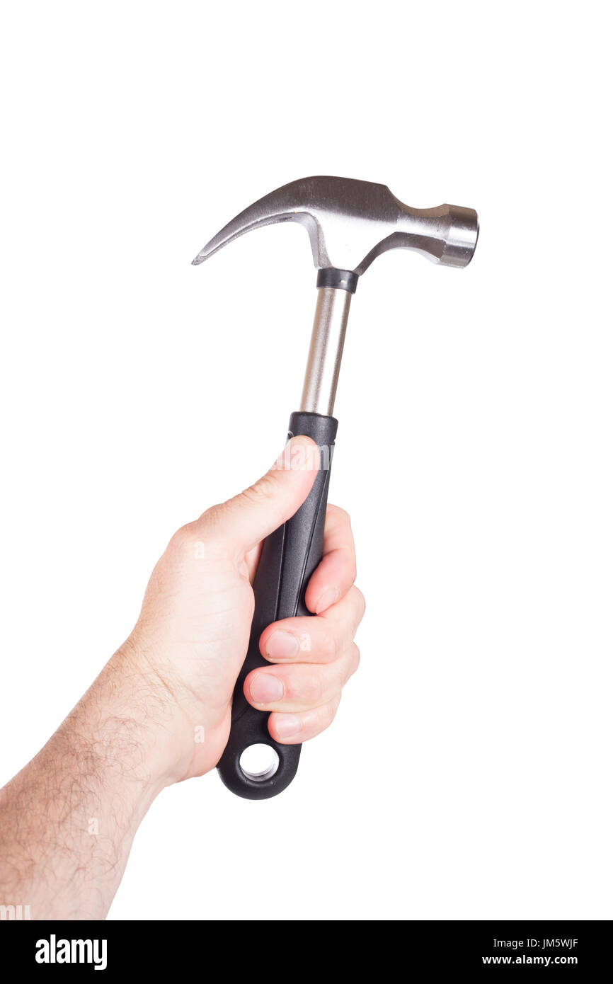 Isolated view of the hand of a man holding a steel claw hammer in a ...