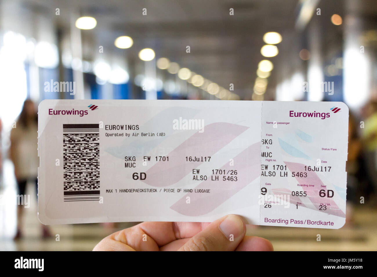Thessaloniki , Greece - July 16, 2017: Eurowings boarding pass for the route Thessaloniki - Munich at the boarding gates of the Makedonia Airport. Stock Photo