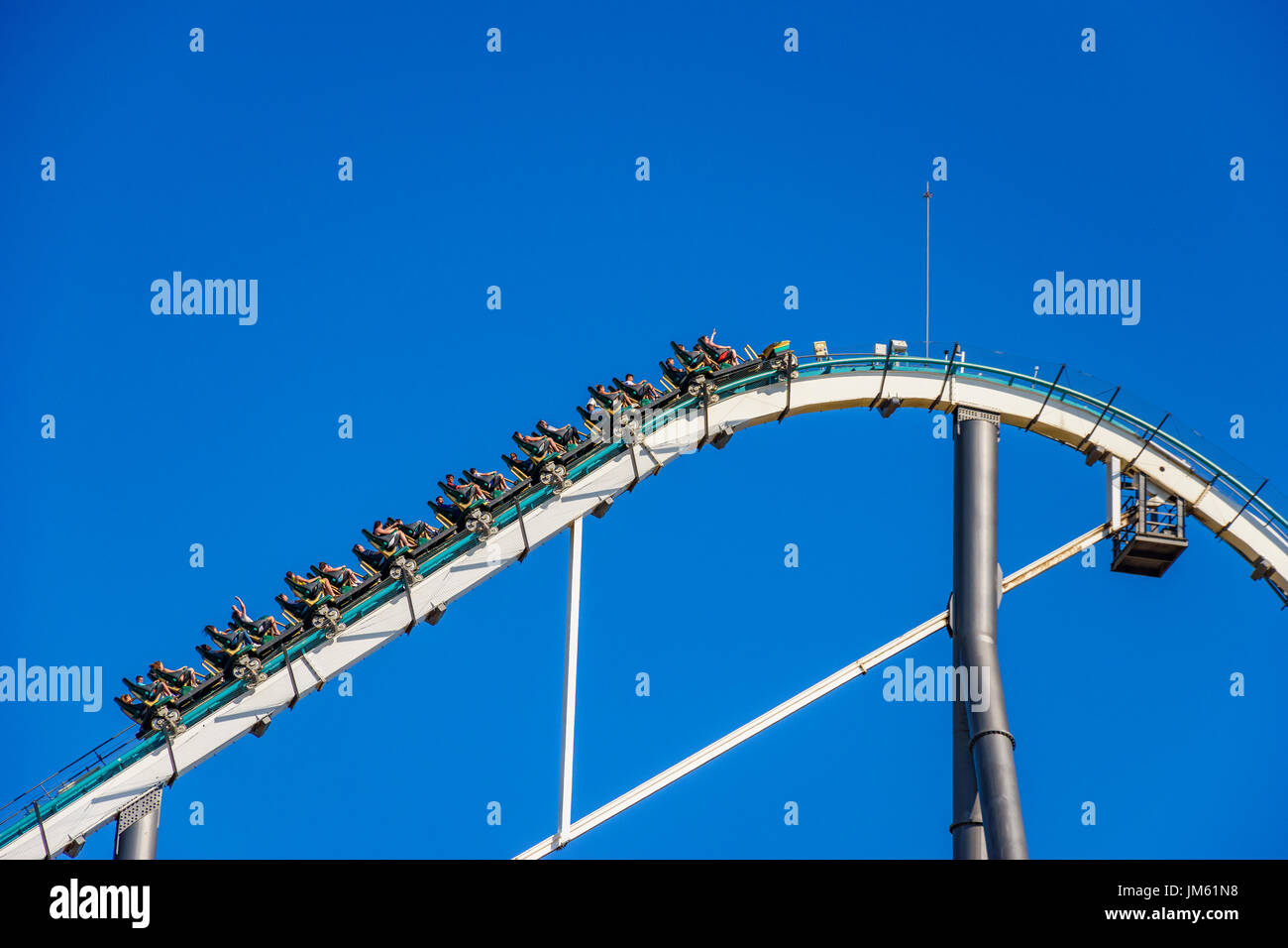 Shambhala is a steel Hyper Coaster roller coaster located at PortAventura in Salou, Spain. Its 256ft tall and 134km/h fast fahypercoaster Stock Photo