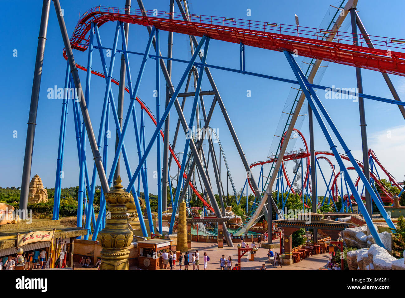Shambhala is a steel Hyper Coaster roller coaster located at PortAventura in Salou, Spain. Its 256ft tall and 134km/h fast fahypercoaster Stock Photo