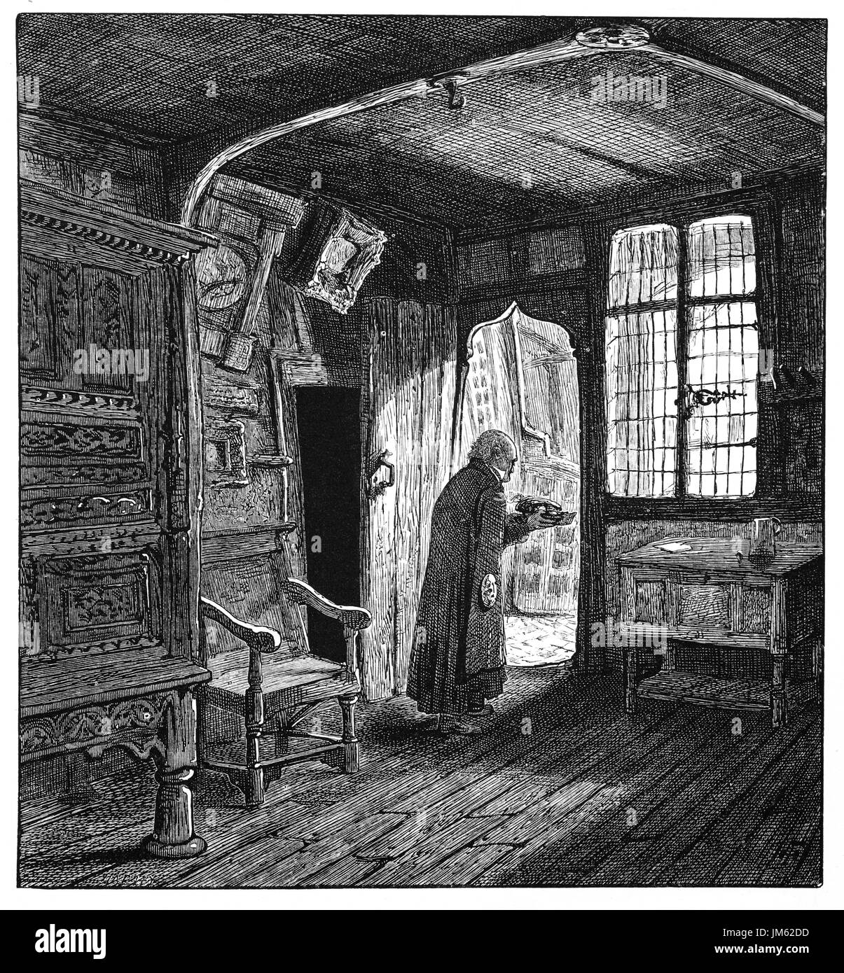 1870: The kitchen in Leicester's Hospital in Warwick.  The Hospital is an historic group of timber-framed buildings in the High Street dating mainly from the late 14th Century.  In the reign of Queen Elizabeth I it became, under the patronage of Robert Dudley, Earl of Leicester, a place of retirement for old warriors known as the Brethren. The Brethren and Master, who still live within the walls of the building, are a living legacy of almost 450 years of history.  Warwickshire, England. Stock Photo