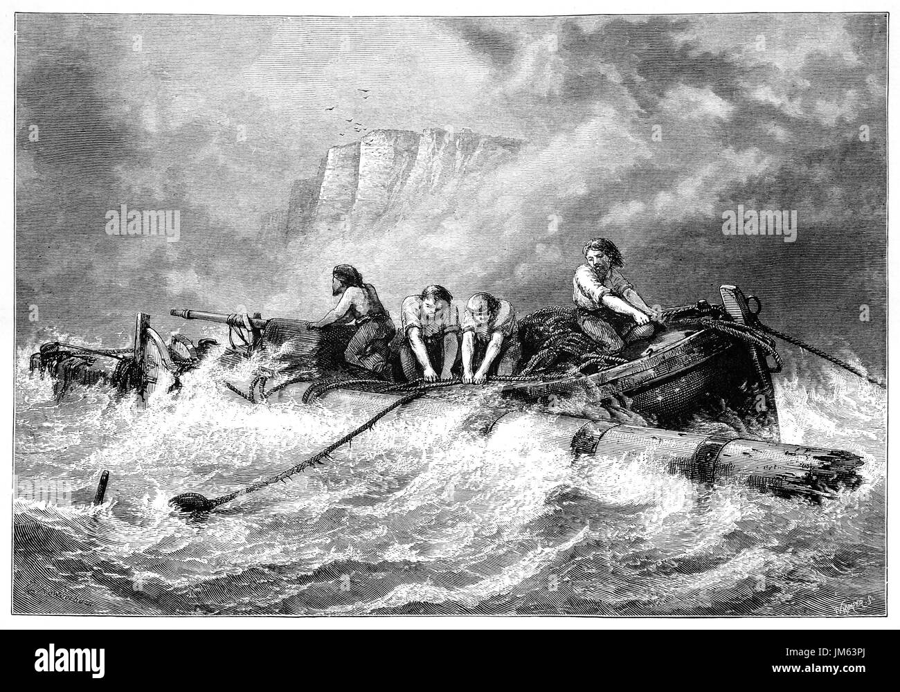 1870: Locals attending a shipwreck off Beachy Head, the highest chalk sea cliff in Britain, rising to 162 metres (531 ft) above sea level.  It is situated close to Eastbourne, East Sussex, England. Stock Photo