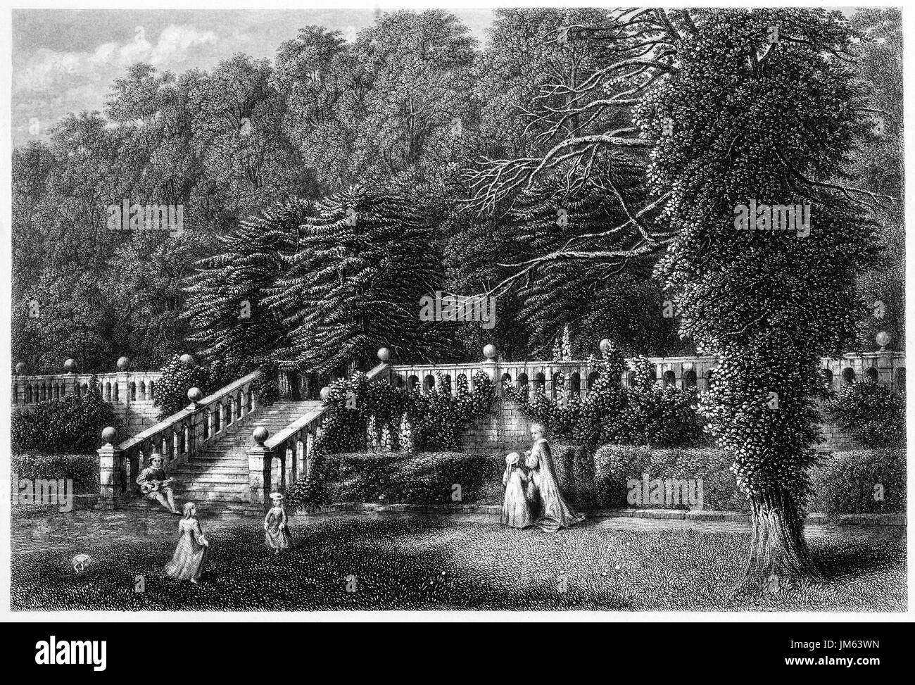 1870: The Terrace at Haddon Hall, a medieval manor house, described as 'the most complete and most interesting house of its period.  The origins of the hall date to the 11th century. The current medieval and Tudor hall includes additions added at various stages between the 13th and the 17th centuries. This English country house on the River Wye at Bakewell, Derbyshire, England Stock Photo
