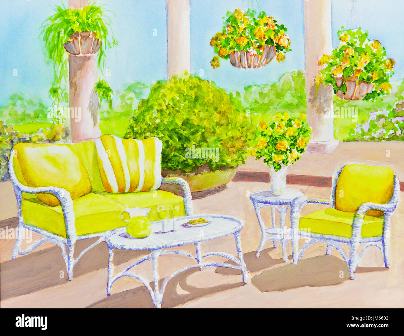 A sunny patio has a wicker love seat, chair and tables surrounding by hanging plants in an acylic painting. Stock Photo