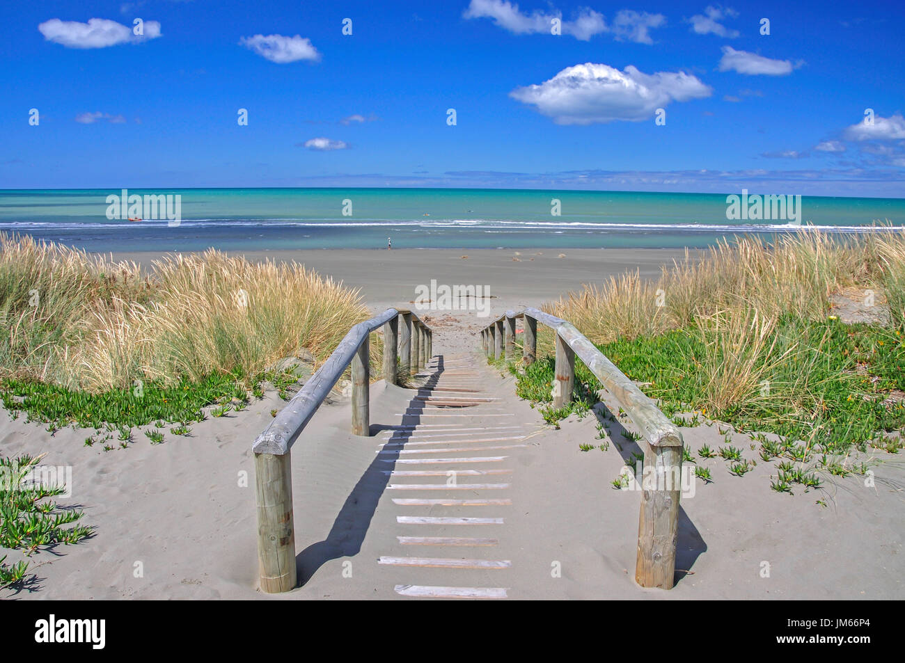 Walkway through sand dunes at New Brighton Beach, New Brighton, Christchurch, Canterbury, South Island, New Zealand Stock Photo