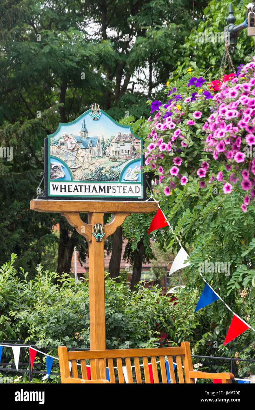 Village sign, High Street, Wheathampstead, Hertfordshire, England, United Kingdom Stock Photo