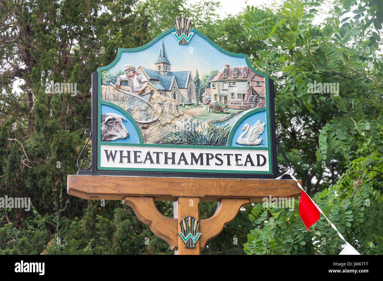 Wheathampstead Village sign, High Street, Wheathampstead, Hertfordshire, England, United Kingdom Stock Photo