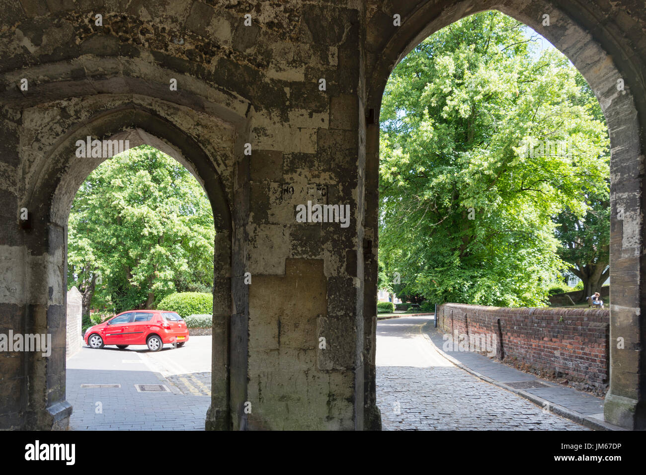 View through arches of Abbey Gateway, Vintry Garden, St.Albans, Hertfordshire, England, United Kingdom Stock Photo