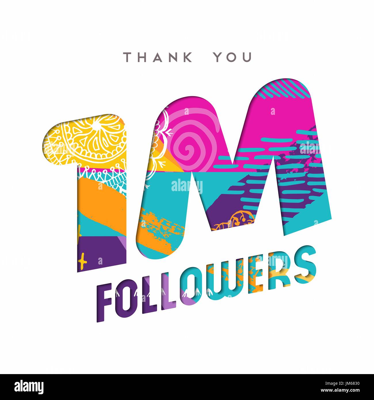 1 million followers thank you paper cut number illustration. Special user goal celebration for 1000000 social media friends, fans or subscribers. EPS1 Stock Vector