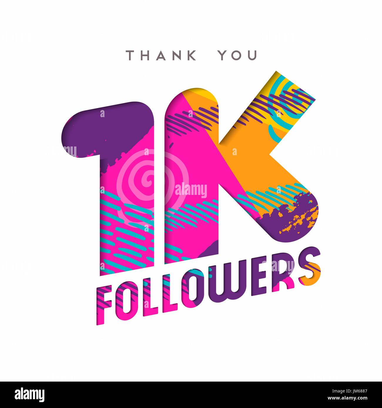 1000 followers thank you paper cut number illustration. Special 1k user goal celebration for one thousand social media friends, fans or subscribers. E Stock Vector