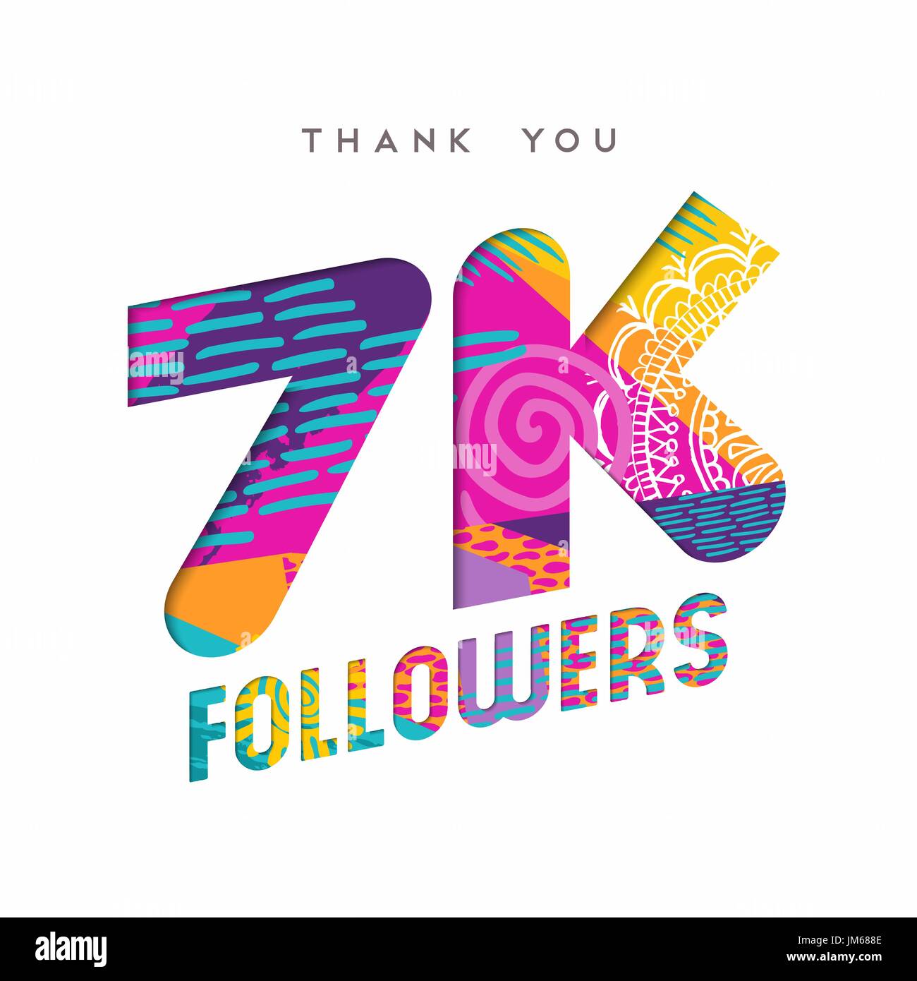 7000 followers thank you paper cut number illustration. Special 7k user goal celebration for seven thousand social media friends, fans or subscribers. Stock Vector