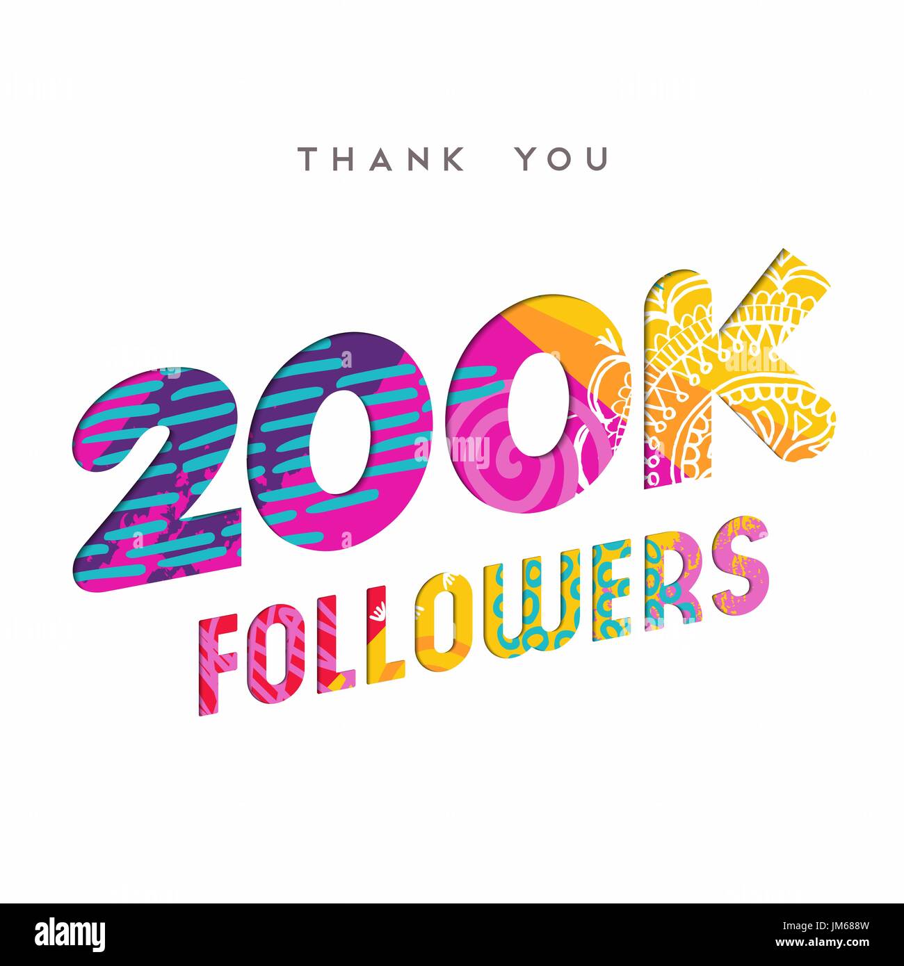 200000 followers thank you paper cut number illustration. Special 200k user goal celebration for two hundred thousand social media friends, fans or su Stock Vector