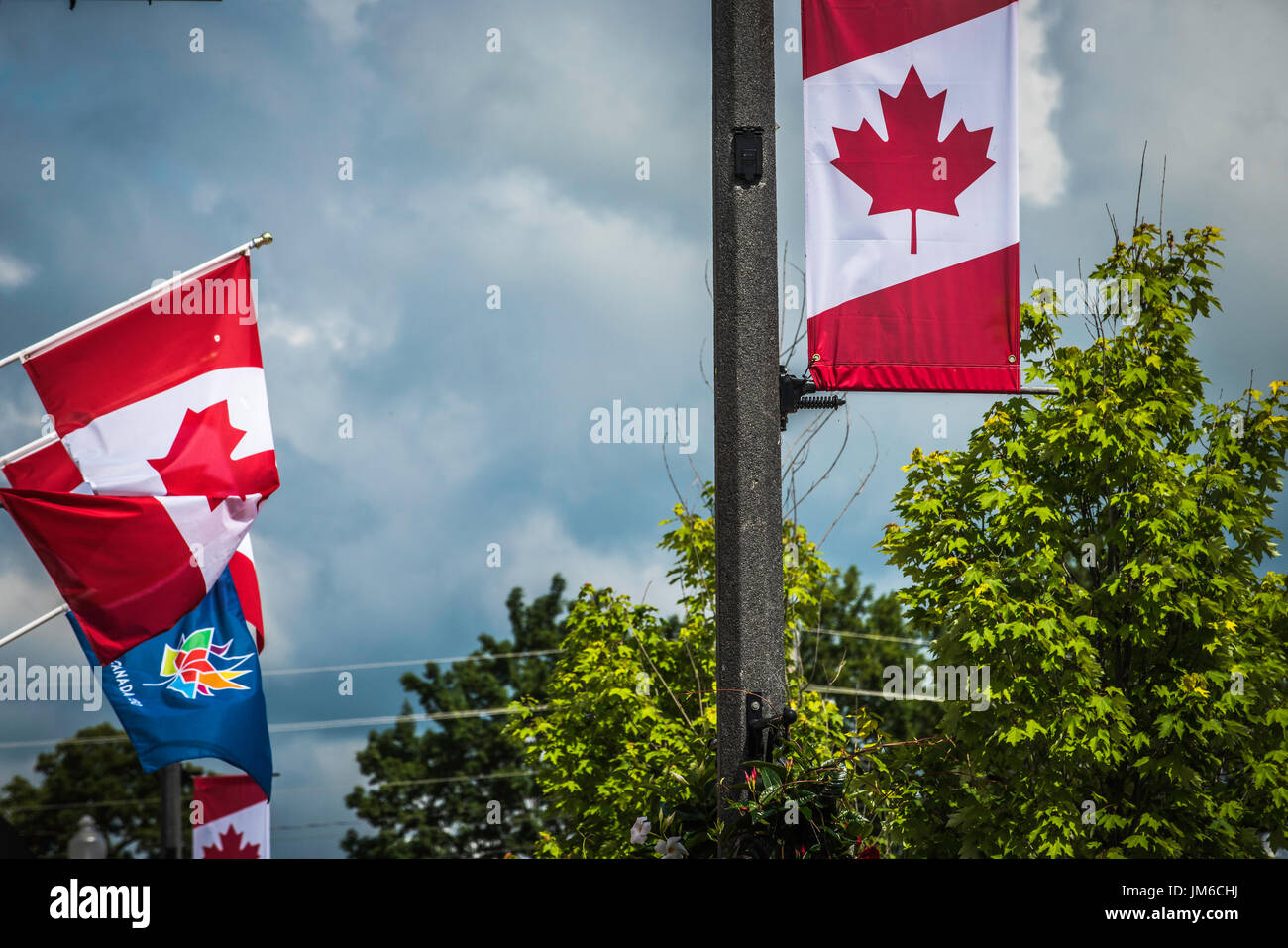 Bobcaygeon,,, Ontario, Canada, small town stores.. canadian flag Stock Photo Alamy