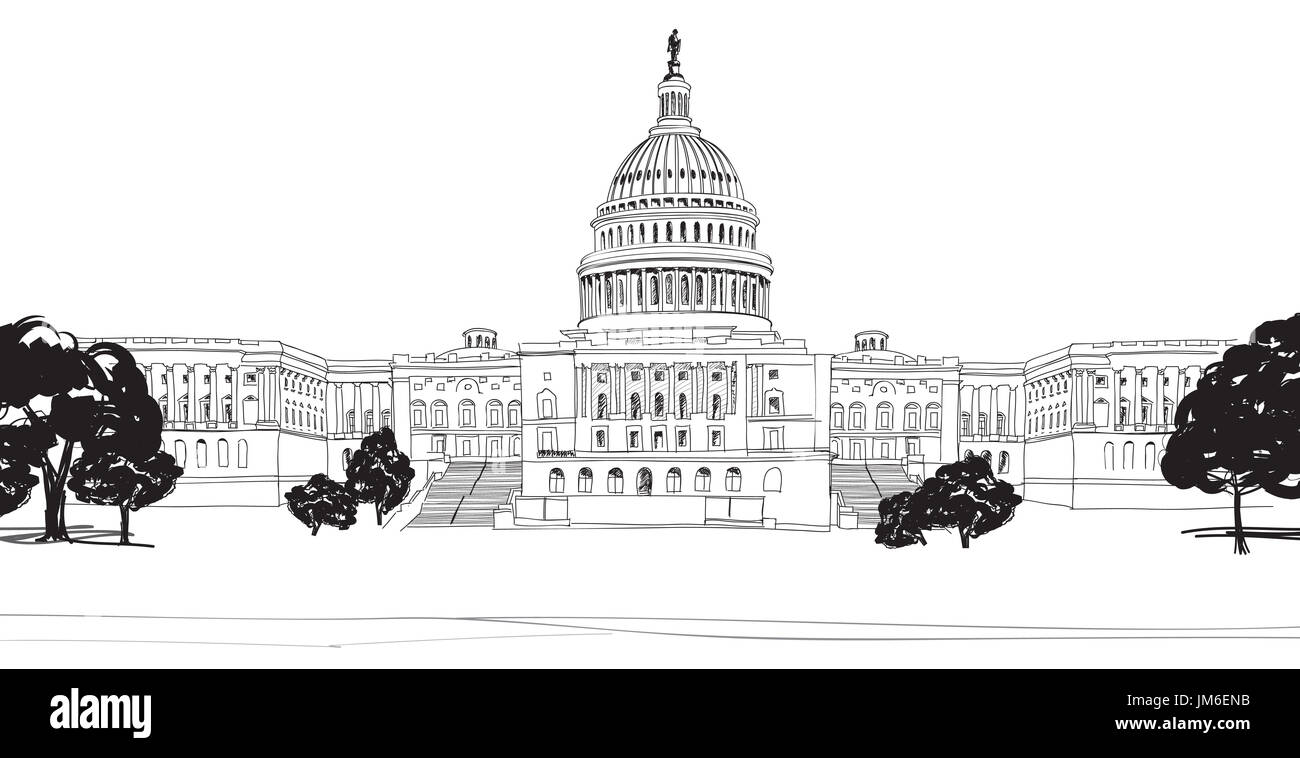 Washington DC Capitol landscape, USA. Pencil Drawing. Capitol Building