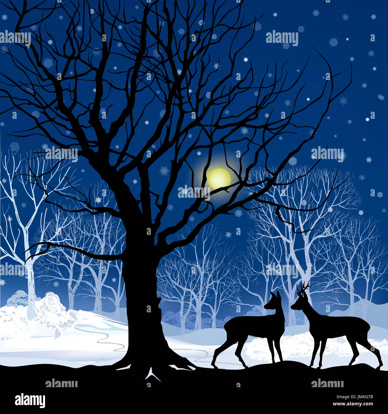 Snow winter landscape with two deers. Abstract vector illustration of ...