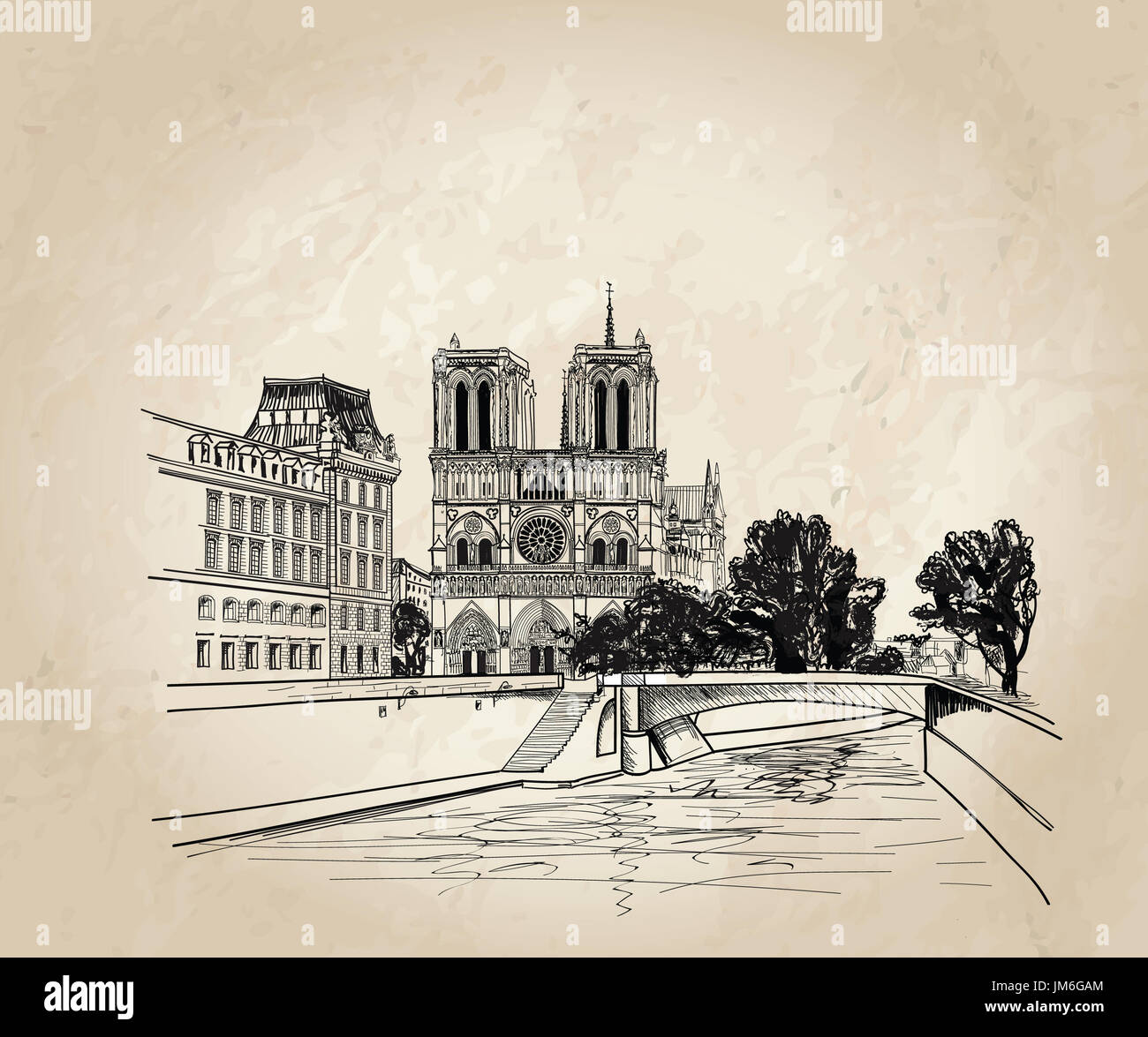 Notre Dame De Paris Cathedral France Hand Drawing Vector Illustration Isolated On Old Paper 5068