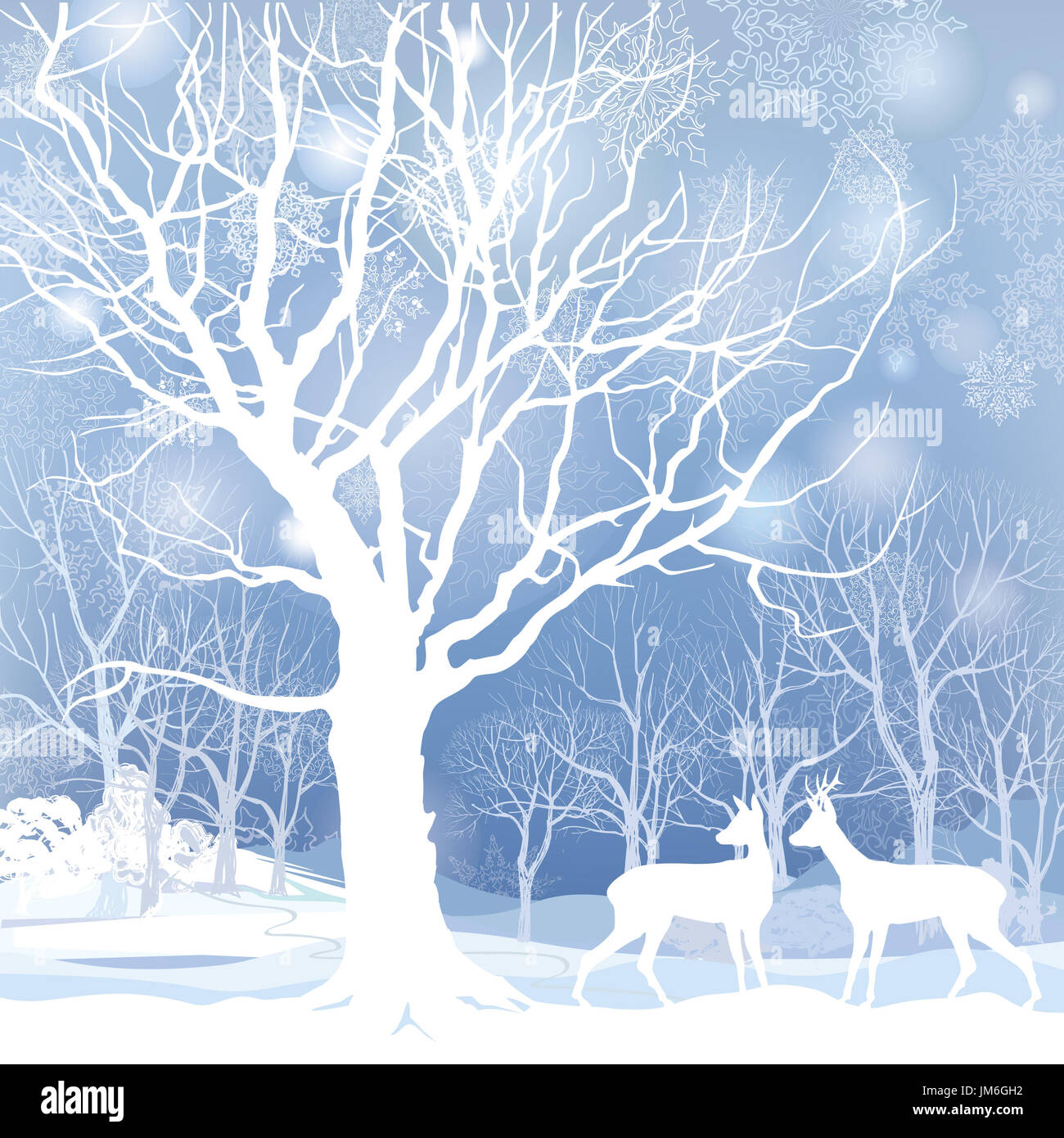 Snow winter landscape with two deers. Abstract vector illustration of ...