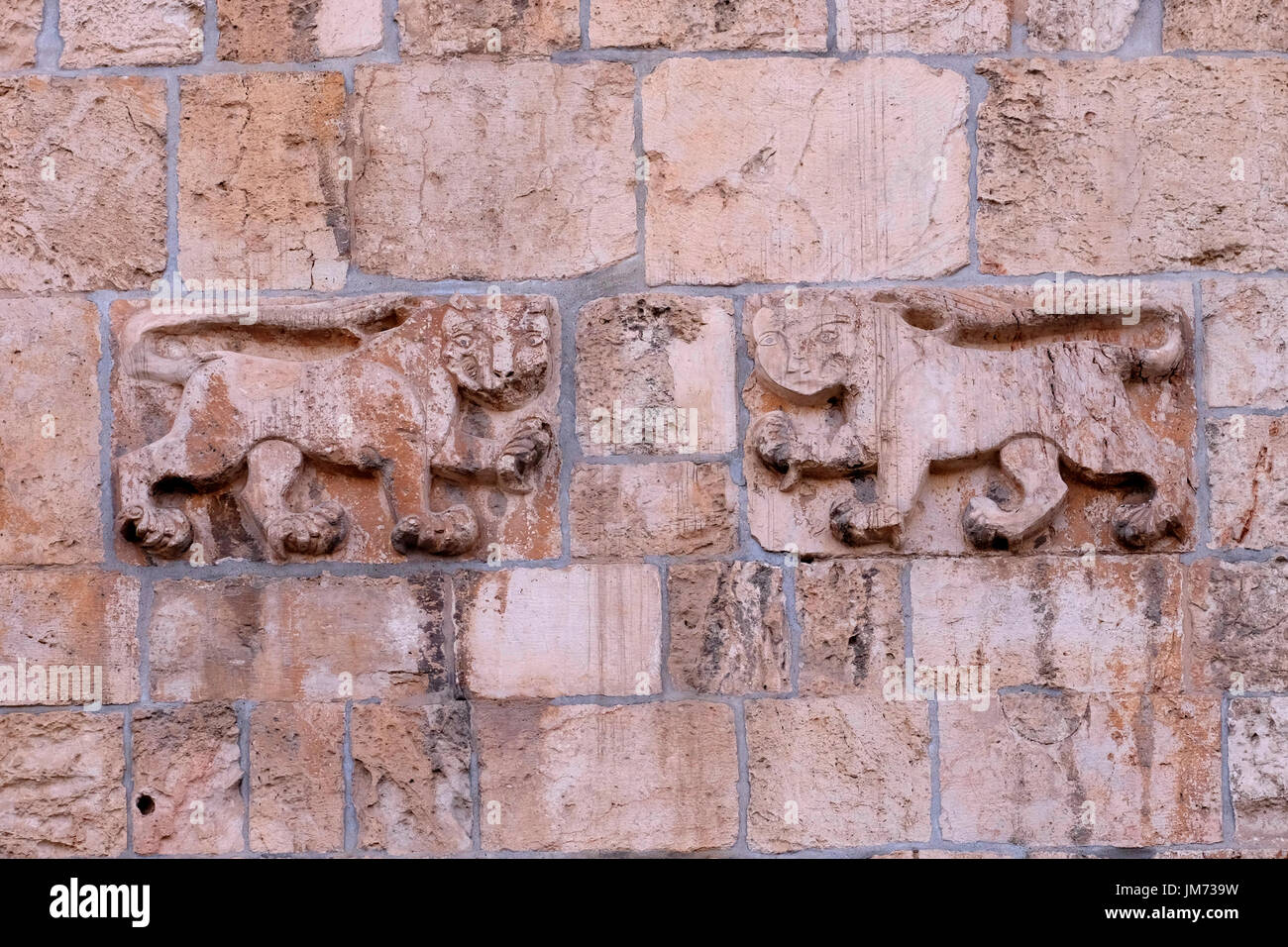 Heraldic emblem of Mamluk Sultan Baybars in shape of lions on the 16th century Lion's or St Stephen's Gate also Bab al-Asbat in the Ottoman wall located at the eastern edge of the Old City of Jerusalem Israel Stock Photo