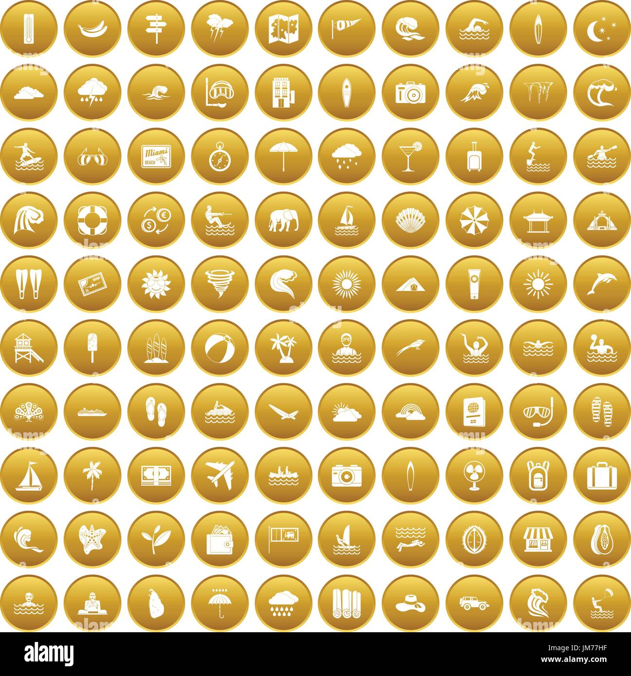 100 surfing icons set gold Stock Vector