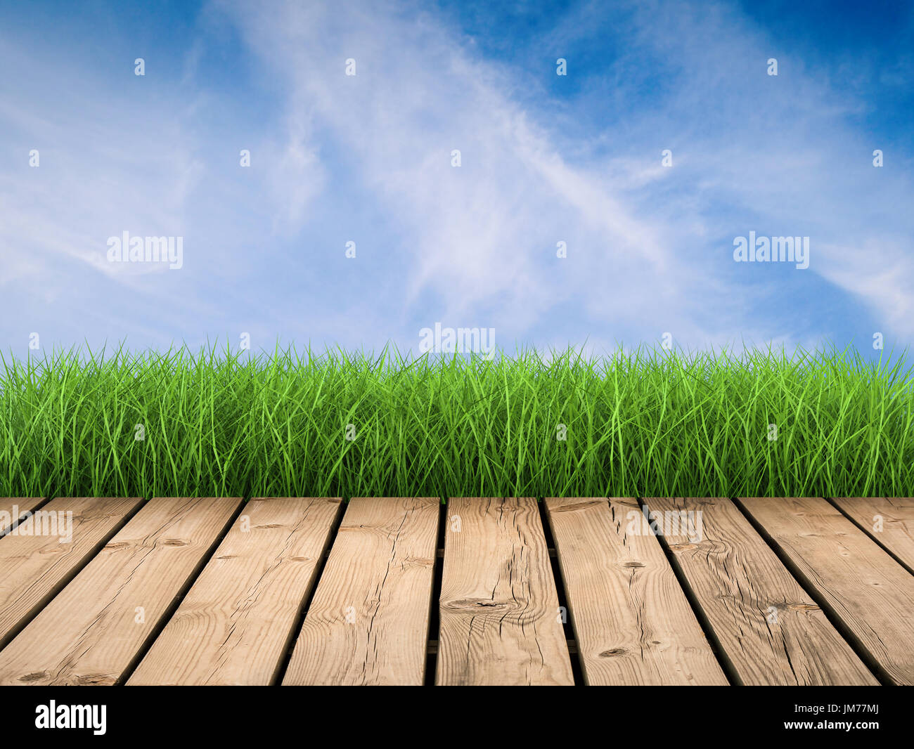 wooden floor with green grass and blue sky background Stock Photo - Alamy