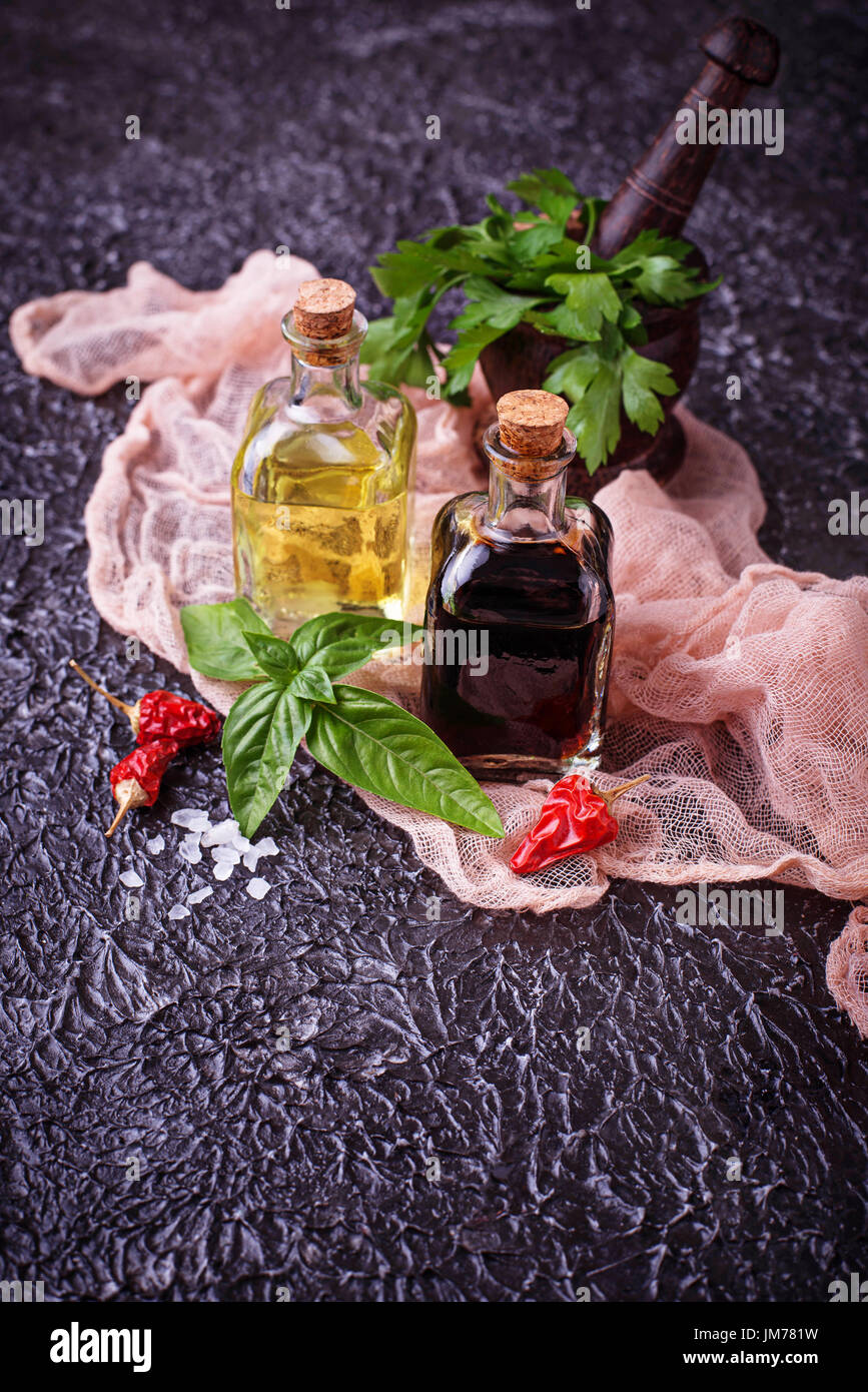 Olive oil and vinegar in glass bottles. Selective focus Stock Photo Alamy