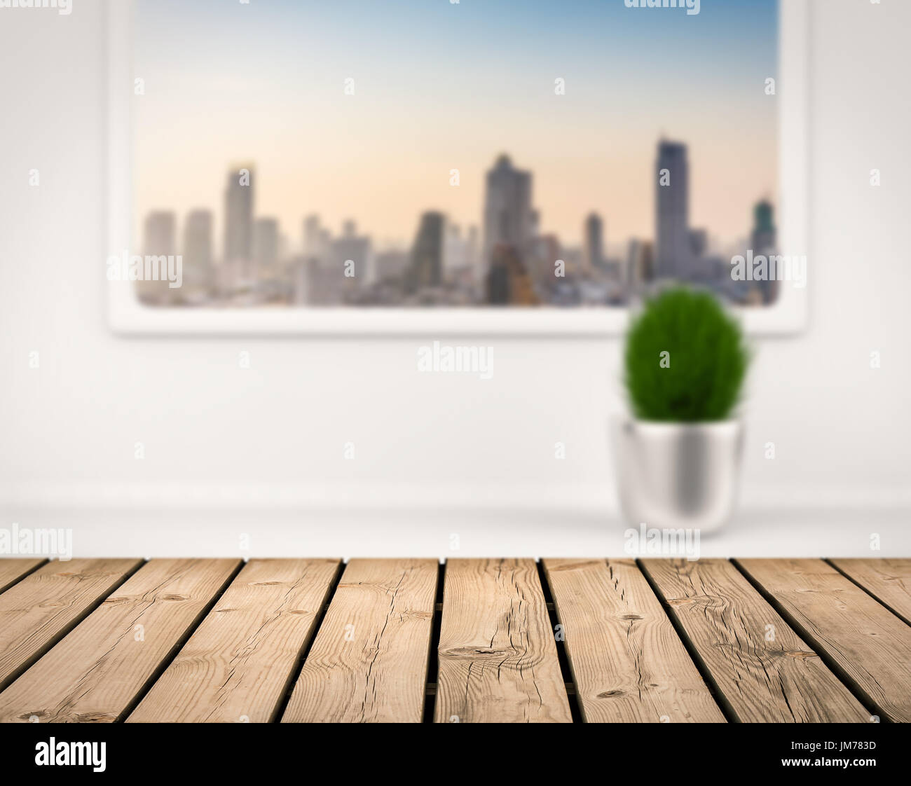 wooden counter with cityscape view from window decorate Stock Photo