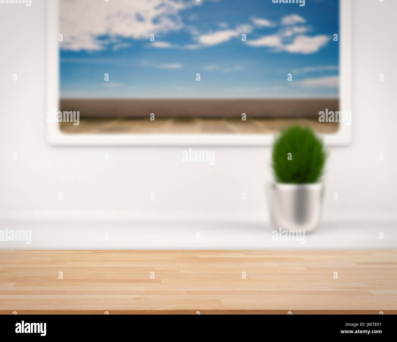 wooden counter with terace with blue sky view from window Stock Photo