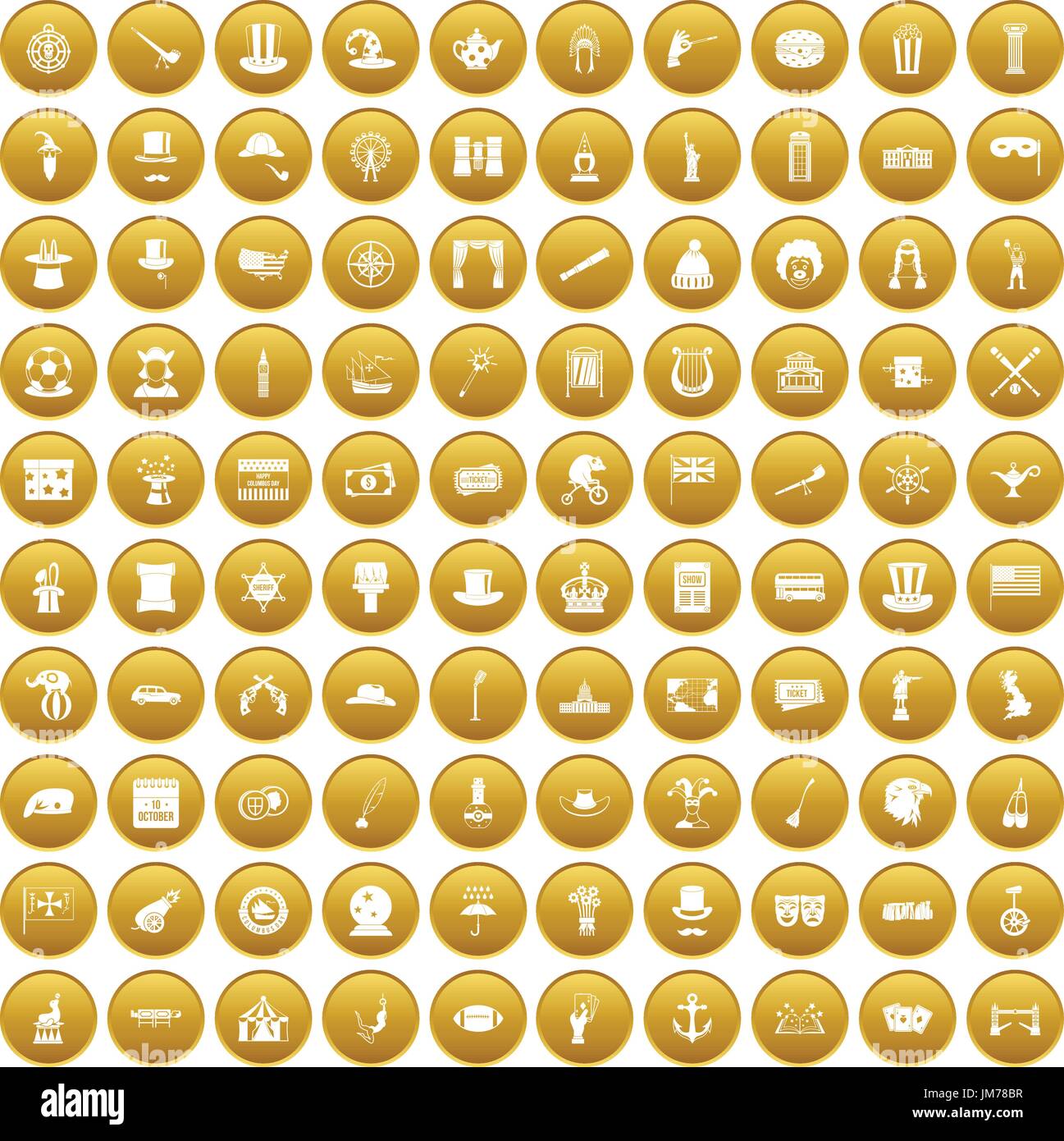 100 top hat icons set gold Stock Vector