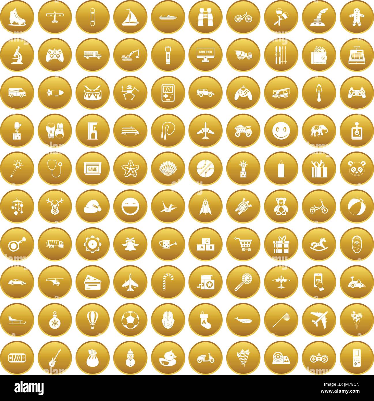 100 toys for kids icons set gold Stock Vector