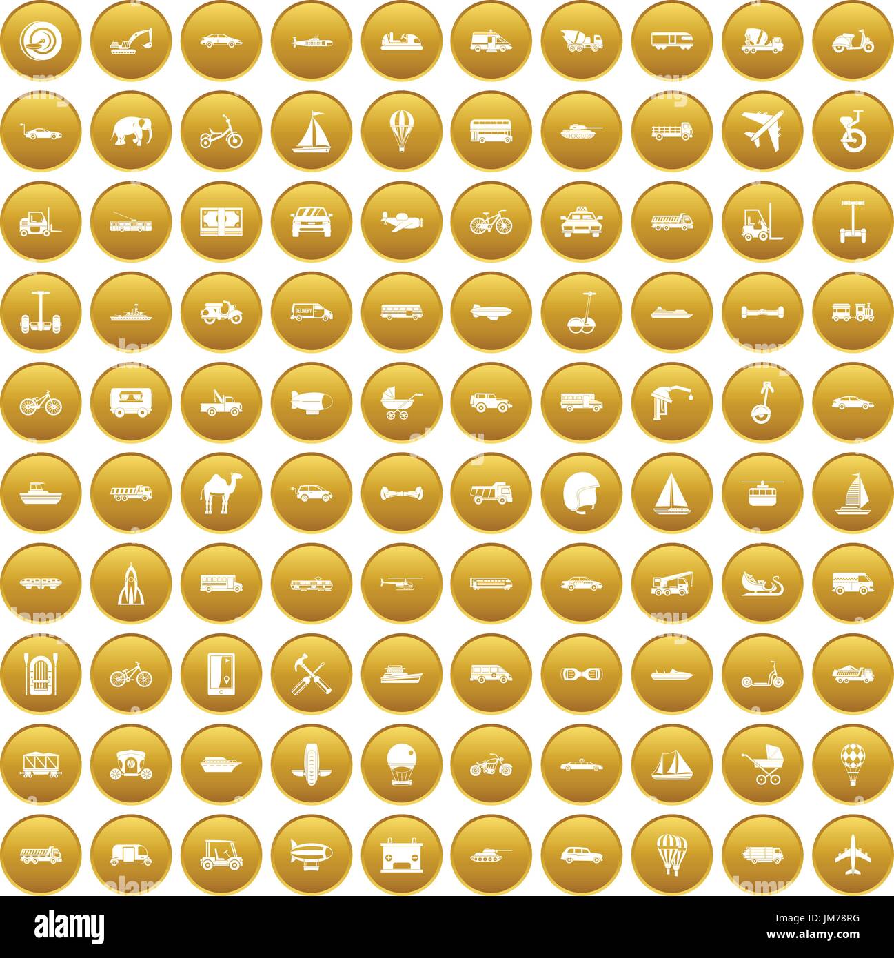 100 transport icons set gold Stock Vector