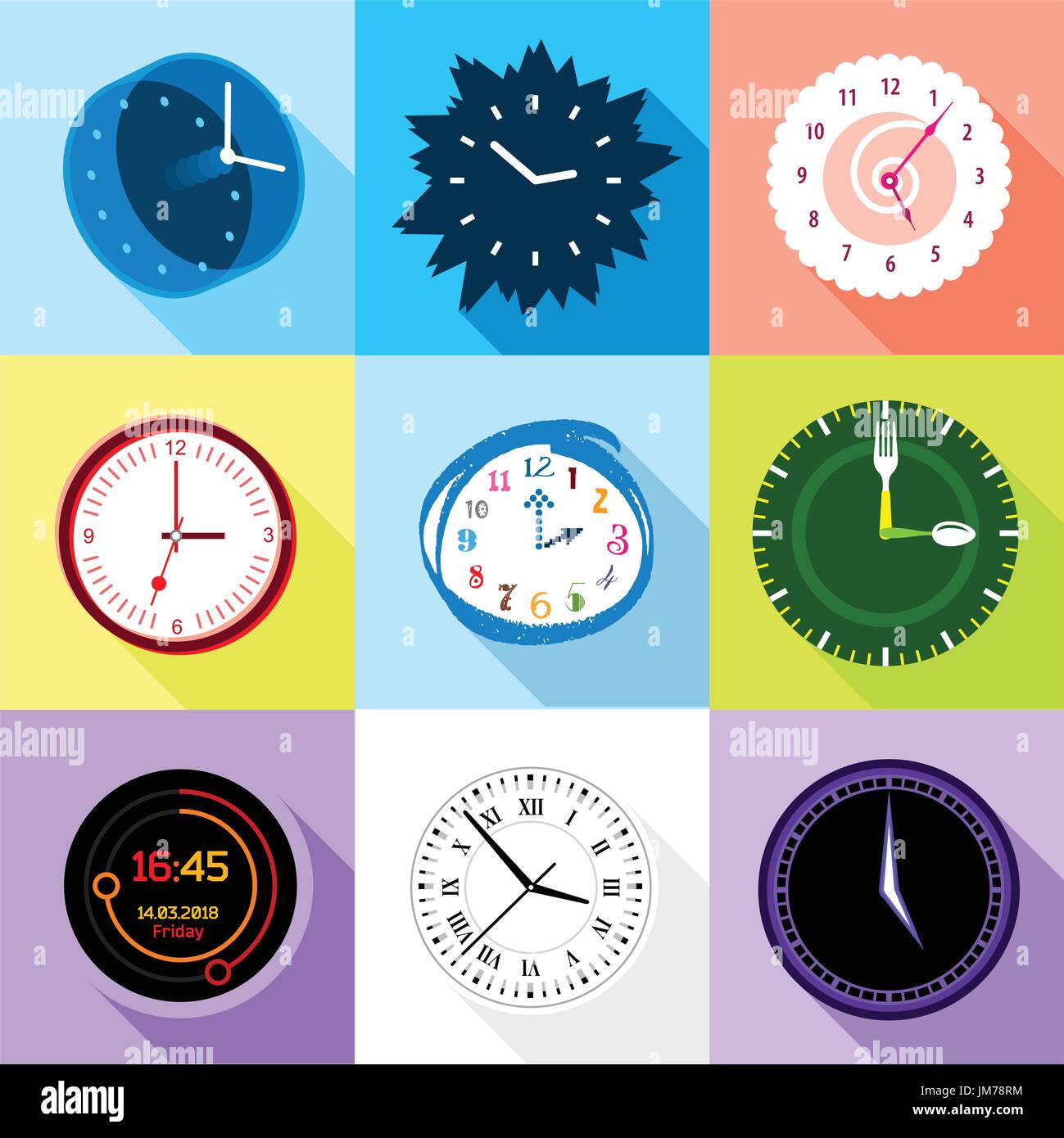 Wall clock icons set, flat style Stock Vector