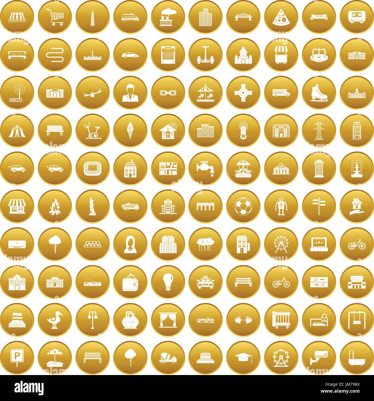 100 urban icons set gold Stock Vector