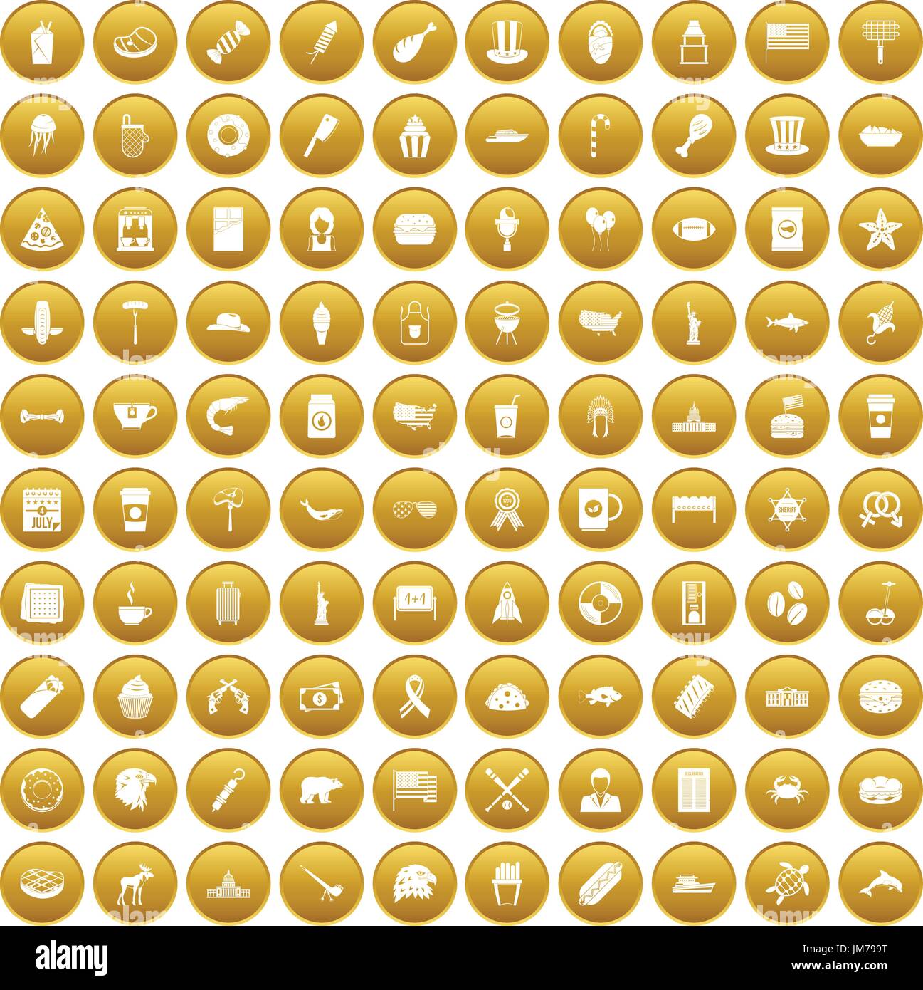 100 USA icons set gold Stock Vector