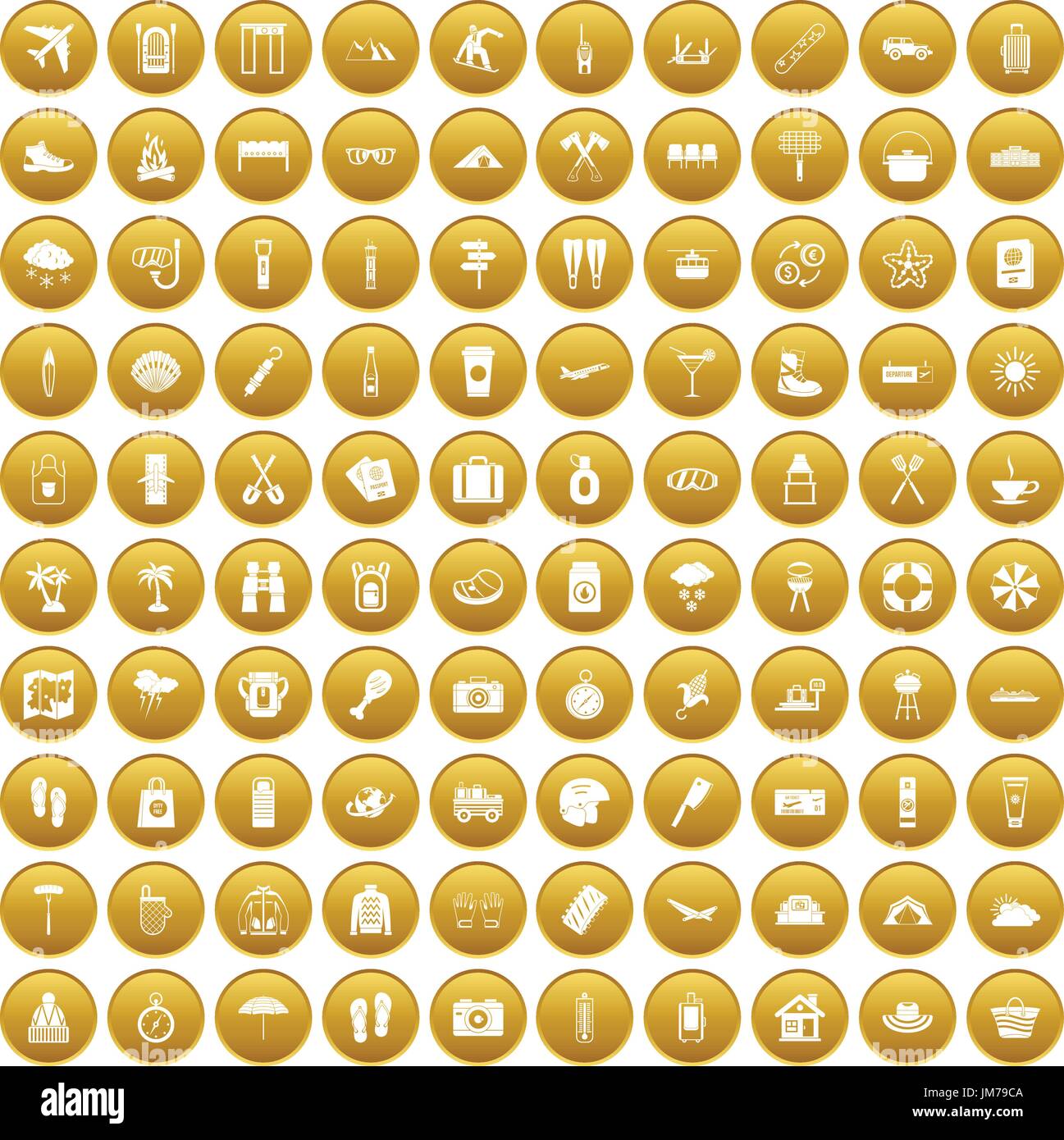 100 vacation icons set gold Stock Vector