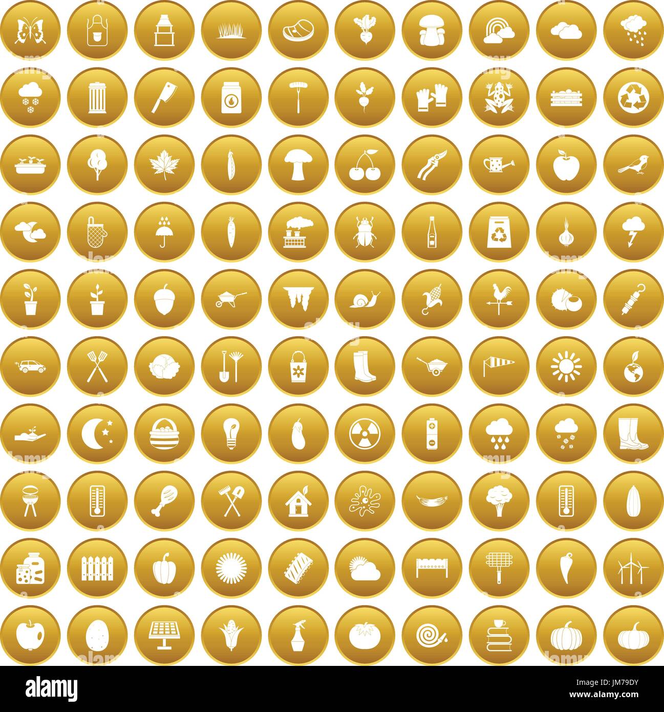 100 vegetables icons set gold Stock Vector