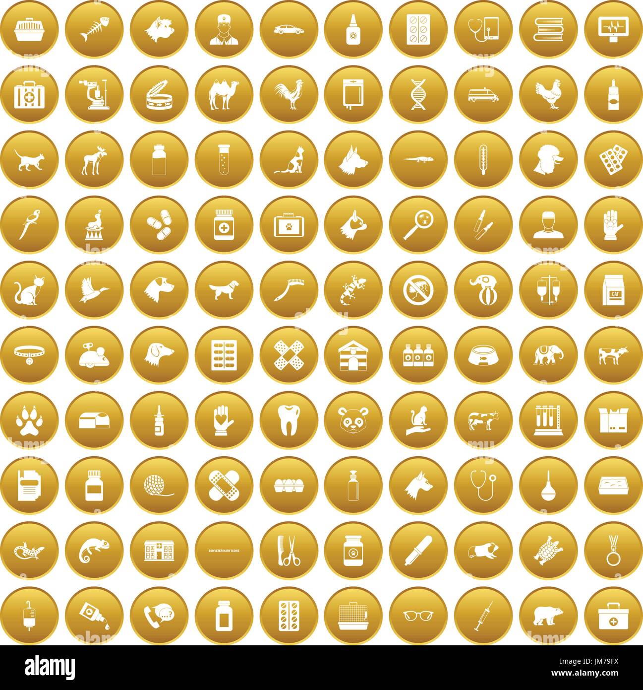 100 veterinary icons set gold Stock Vector