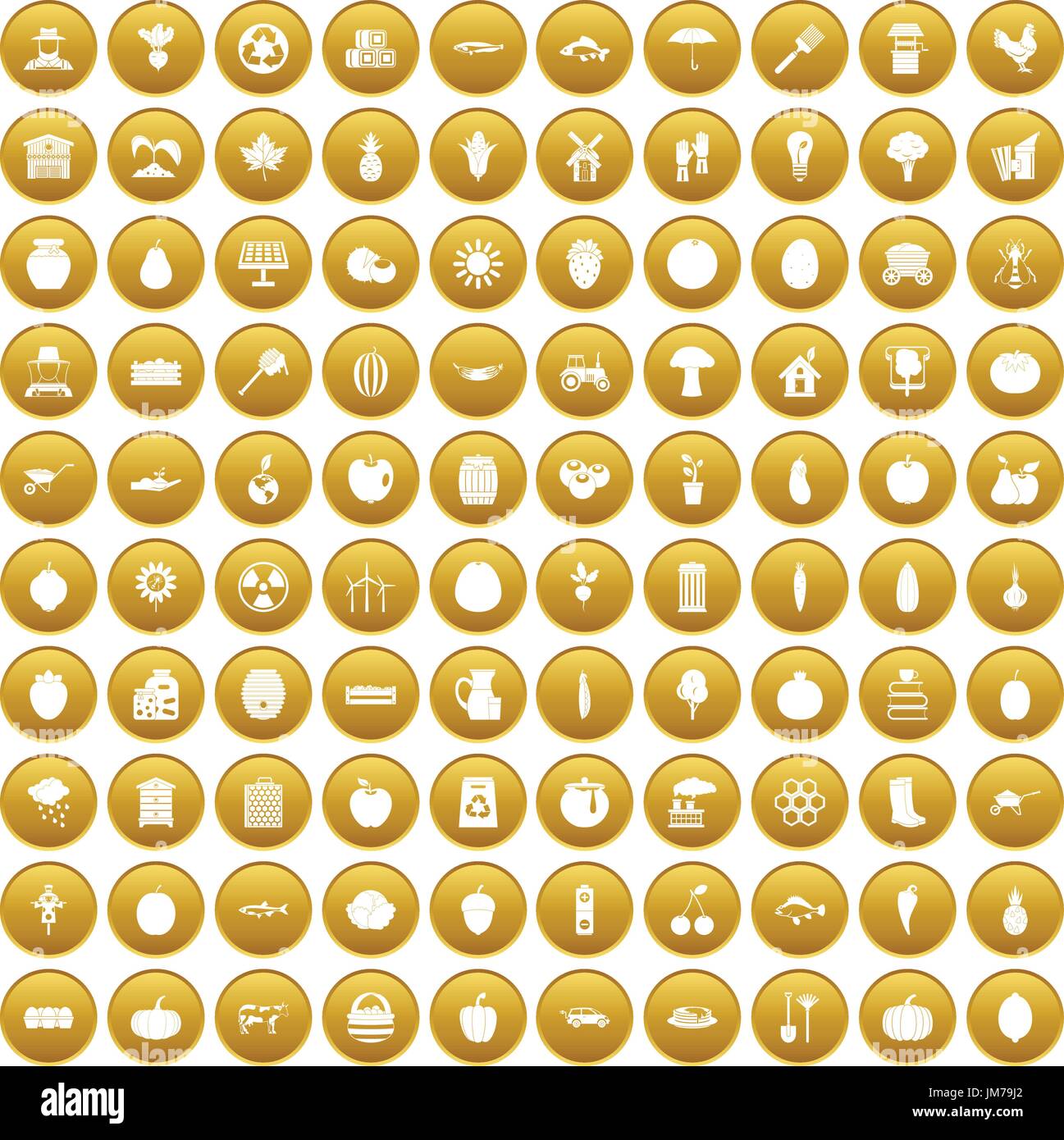 100 vitamins icons set gold Stock Vector