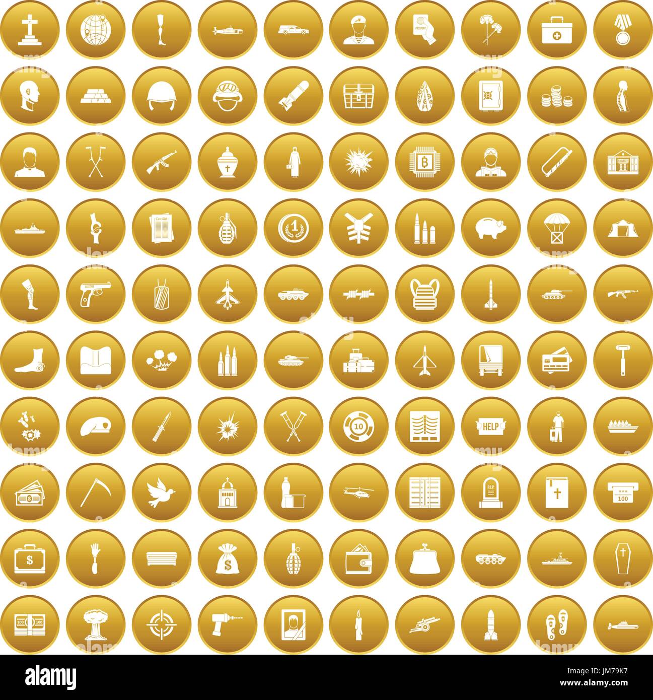 100 war crimes icons set gold Stock Vector