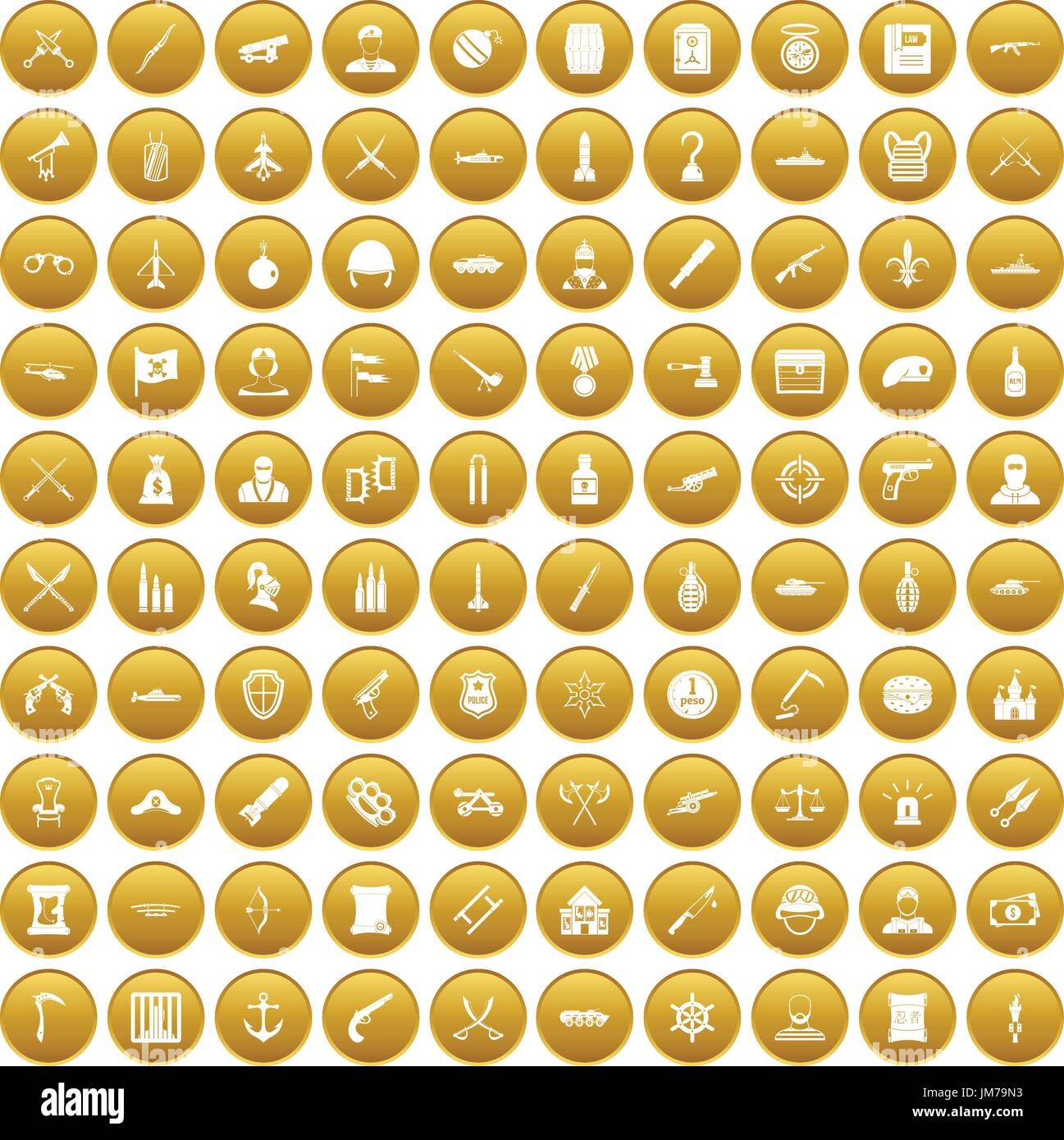 100 weapons icons set gold Stock Vector