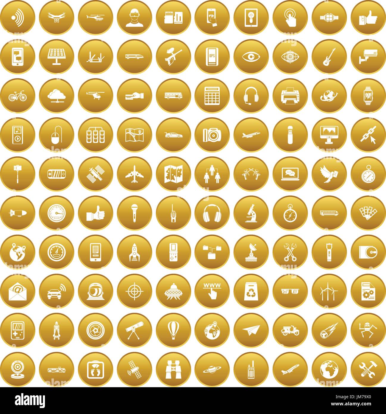 100 wireless technology icons set gold Stock Vector