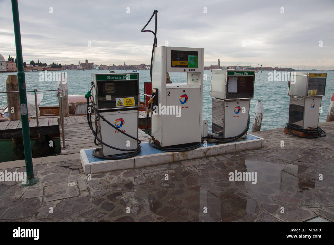gas station for boats at the pier of the island of Murano, Venice Stock