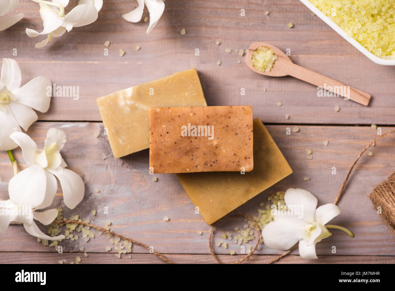 Handmade soap with white orchid. Spa products. Stock Photo