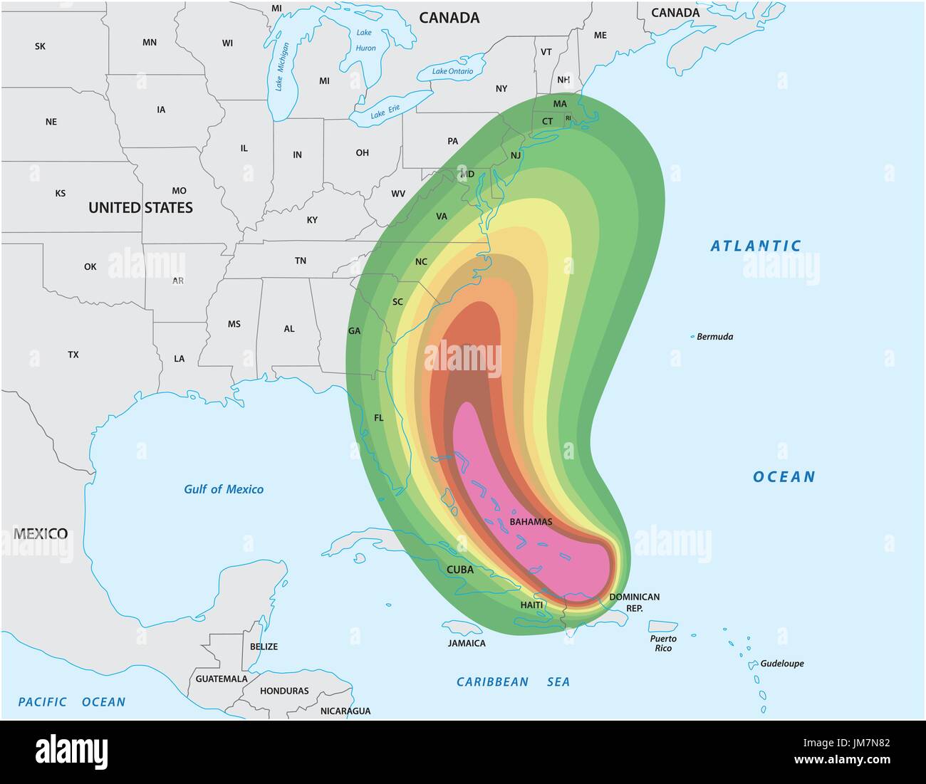 Map for a Hurricane warning in the Caribbean and the Eastern usa Stock Vector
