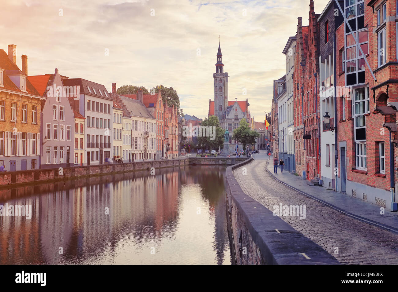 Evening cityscape of Bruges. Belgium historic town Bruges in the evening. Belgium landmark. Stock Photo