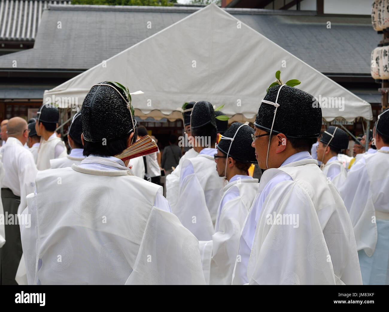 KYOTO, JAPAN - July 24, 2017: Men wearing traditional clothing gather at Yasaka Jinja for a parade as a part of the Gion Matsuri Stock Photo