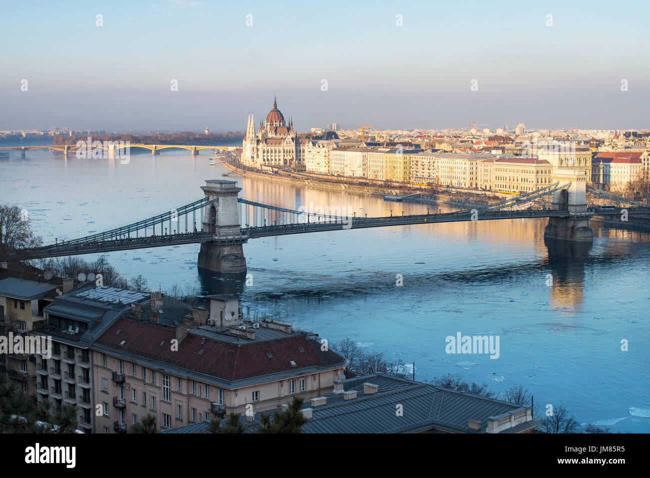Budapest with Parliament, Chain Bridge and Margaret Island in winter