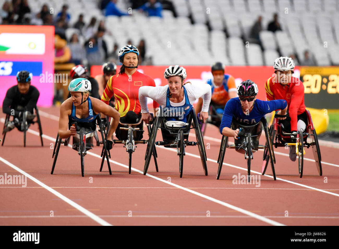 Women Wheelchair athletes competing in the World Para Athletics Championships in the London Stadium Stock Photo