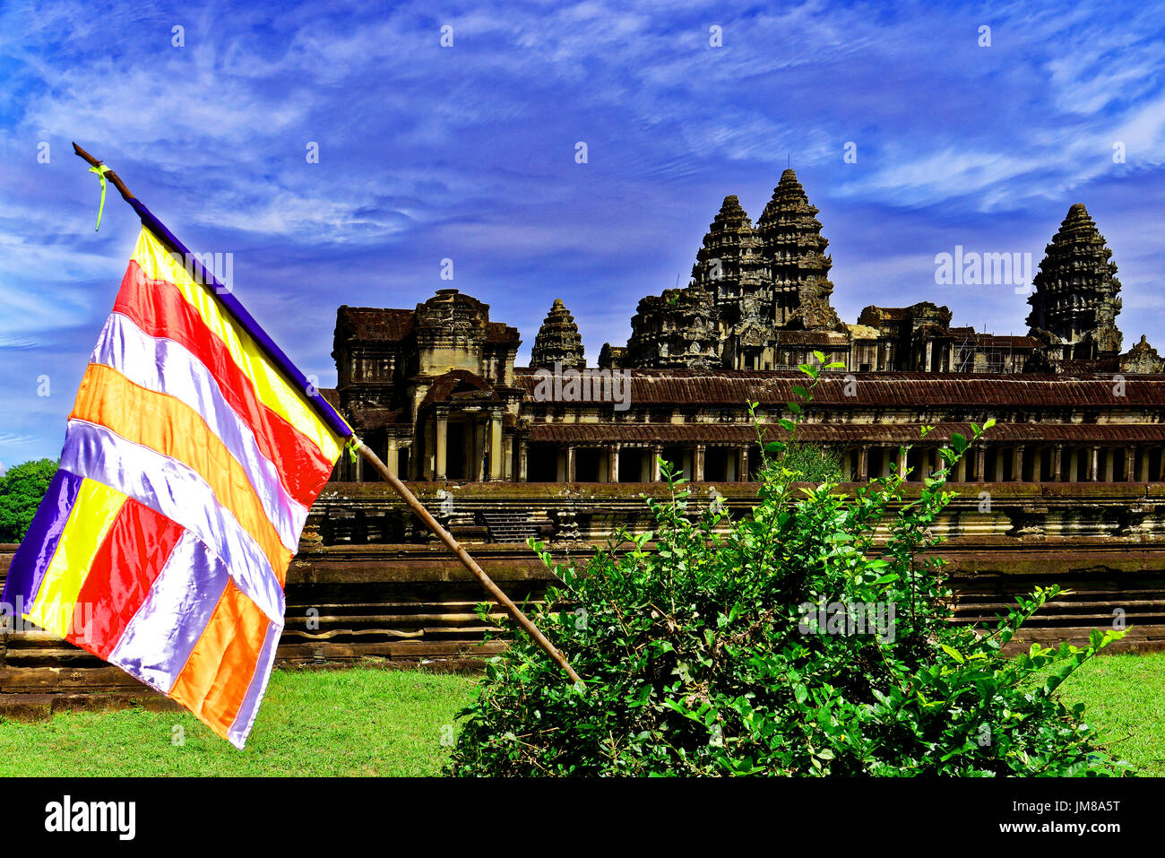 Cambodia Angkor Wat temple complex with the Buddhist Kmer flag Stock ...