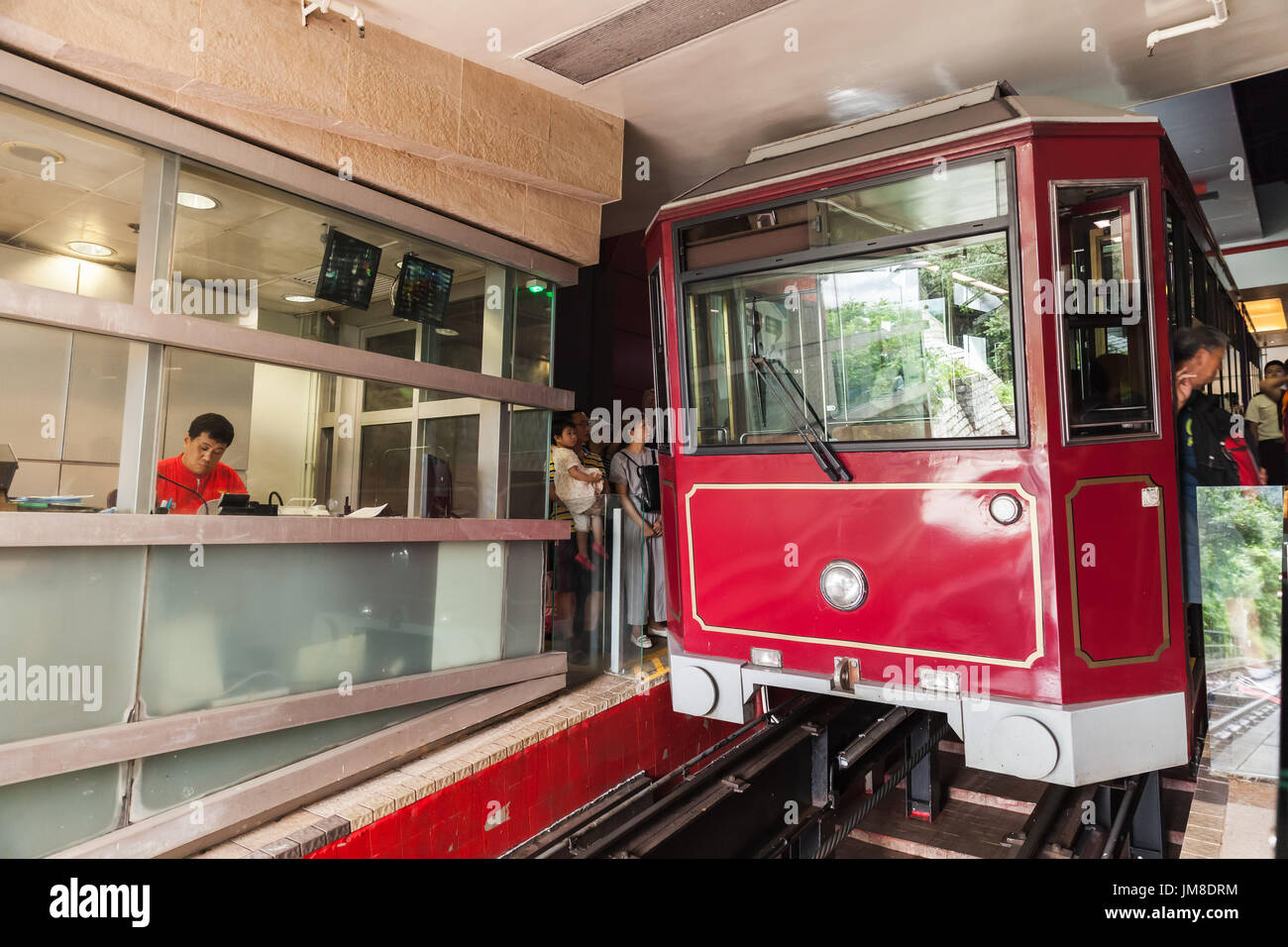 Hong Kong - July 15, 2017: Red peak tram stands on Victoria Peak station Stock Photo