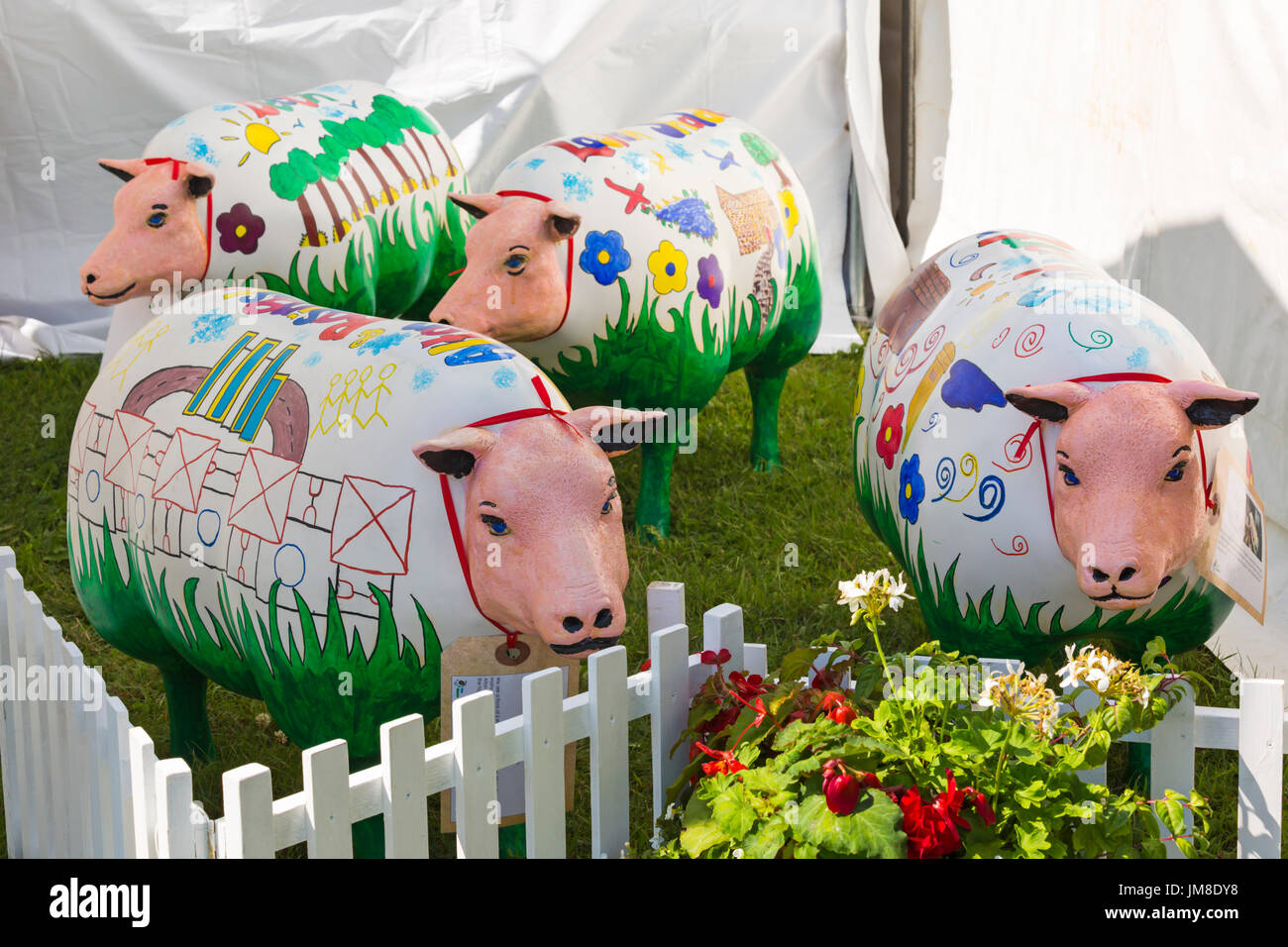 Lifesize decorated fibreglass sheep from the Ewe Matter project on display at the New Forest & Hampshire Country Show, Brockenhurst, Hampshire. Stock Photo